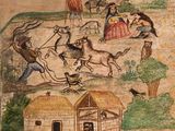 an image of a painting of people and animals in a field