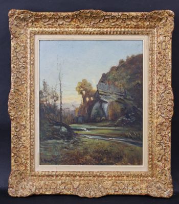 École XXe: "Paysage aux falaises", huile sur panneau, signée…