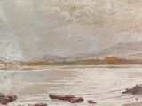 an image of a painting of a beach scene with rocks in the water