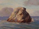 painting of a rock in the middle of the ocean with a sailboat in the distance