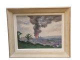 painting of a large plume of smoke coming out of a building