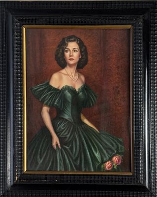 painting of a woman in a green dress with a rose in her hand