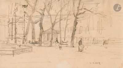 dessin représentant un parc avec des bancs et des arbres au premier plan