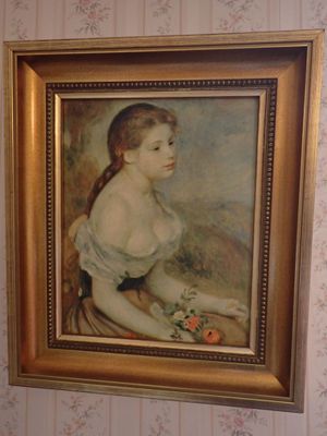 un tableau représentant une femme assise sur une chaise dans une pièce
