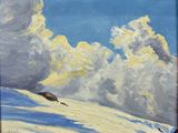 tableau représentant une montagne enneigée avec des nuages dans le ciel