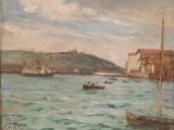 painting of boats in a body of water with buildings in the background