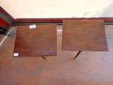 pair of mid century style side tables with labels on them