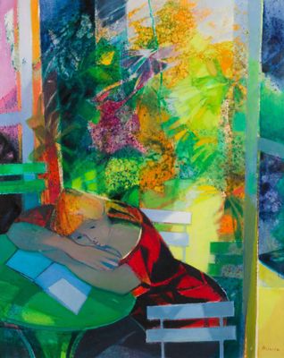 an image of a painting of a woman sitting at a table in front of a window