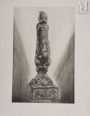 dessin au crayon représentant une statue de femme sur un socle