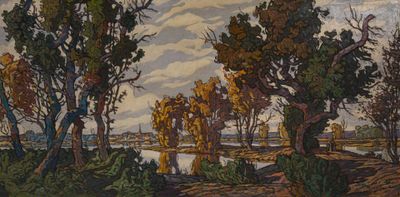 an image of a painting of a river with trees in the foreground