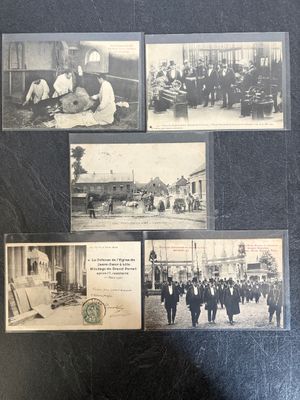several old black and white photos of men and women on a street