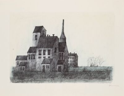 pencil drawing of a large building with a clock tower on top of it