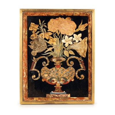 PLAQUE DE SCAGLIOLA POLYCHROME MONTÉE SUR BOÎTE EN ARGENT ET… - Photo 1