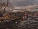 a painting of a man pulling a sled with a dog