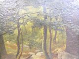 une peinture représentant un ruisseau qui traverse une zone boisée
