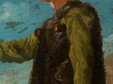 painting of a man holding a bird in his hand on a beach