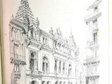 un dessin représentant un bâtiment surmonté d'une horloge