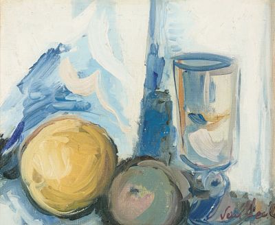 une peinture représentant un citron et un verre posés sur une table