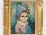 une peinture à l'huile représentant une jeune fille coiffée d'un chapeau bleu