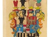 un vieux livre sur lequel figure un blason