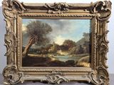 un vieux tableau représentant un paysage avec une rivière au premier plan et des arbres à l'arrière-plan
