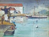an image of a painting of a group of people on a dock