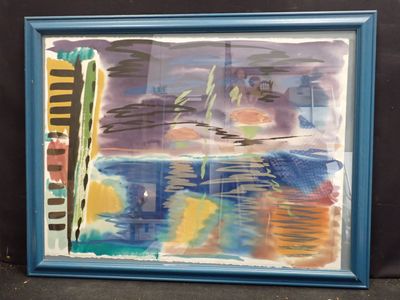 tableau représentant un cadre bleu sur lequel est peinte une planche de surf