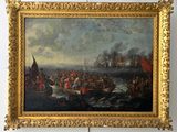une peinture représentant un groupe de personnes sur un bateau dans l'eau