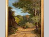 une image représentant un tableau où l'on voit un homme et un cheval sur un chemin de terre