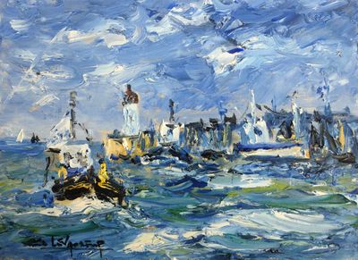 painting of a painting of boats in the ocean with a lighthouse in the background