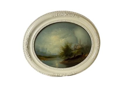 une image représentant un tableau où l'on voit une rivière avec un château au loin