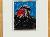 tableau représentant un homme au visage rouge, dans un cadre blanc