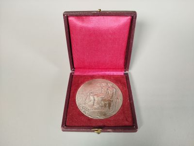 a silver medal in a red box on a white surface