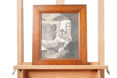 une photo d'un tableau accroché au mur au-dessus d'une étagère