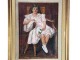 une peinture à l'huile représentant une femme en robe blanche assise sur une chaise