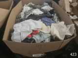 a cardboard box full of clothes sitting on top of a table