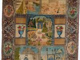 an antique rug with a picture of a town and a river