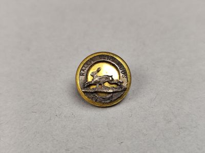 a close up of a metal pin with a bird on it