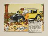 illustration représentant un homme en train de travailler sur une voiture, avec un chien à ses côtés