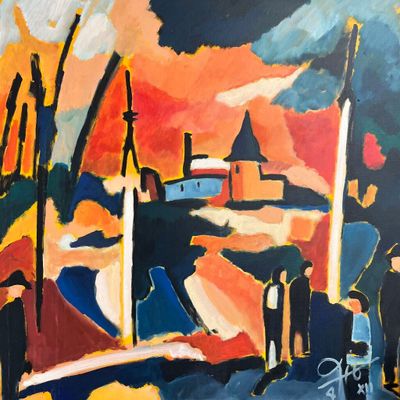 une peinture à l'huile représentant des bateaux dans un port au coucher du soleil, avec une église en arrière-plan