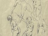 drawing of a group of people playing with a frisbee in a field