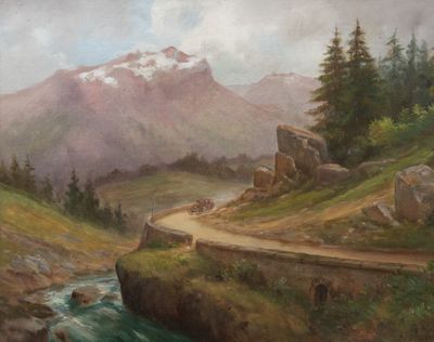 a painting of a mountain scene with a stream
