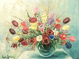 a painting of a vase filled with flowers on a table