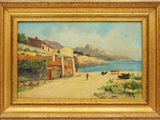 une peinture à l'huile représentant une scène de plage avec des bateaux sur le rivage