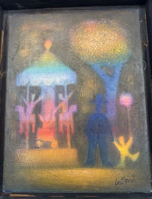 un tableau représentant un groupe de personnes debout sous un arbre