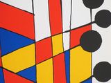 painting of a red, yellow, and blue vase with black dots on it