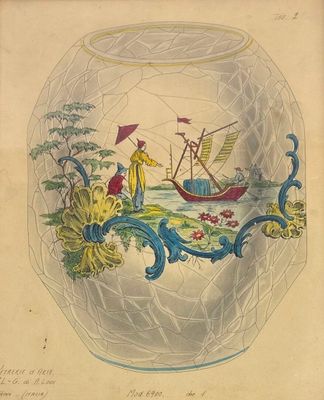 drawing of a fish bowl with a ship in it and a man in a boat in the water
