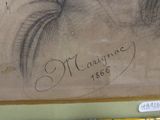 drawing of a woman ' s face in a frame with writing on it