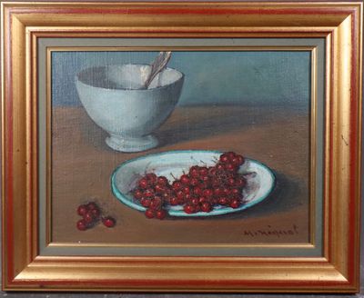 painting of a bowl of cherries and a spoon on a table