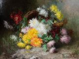 une peinture représentant un panier de fleurs sur une table